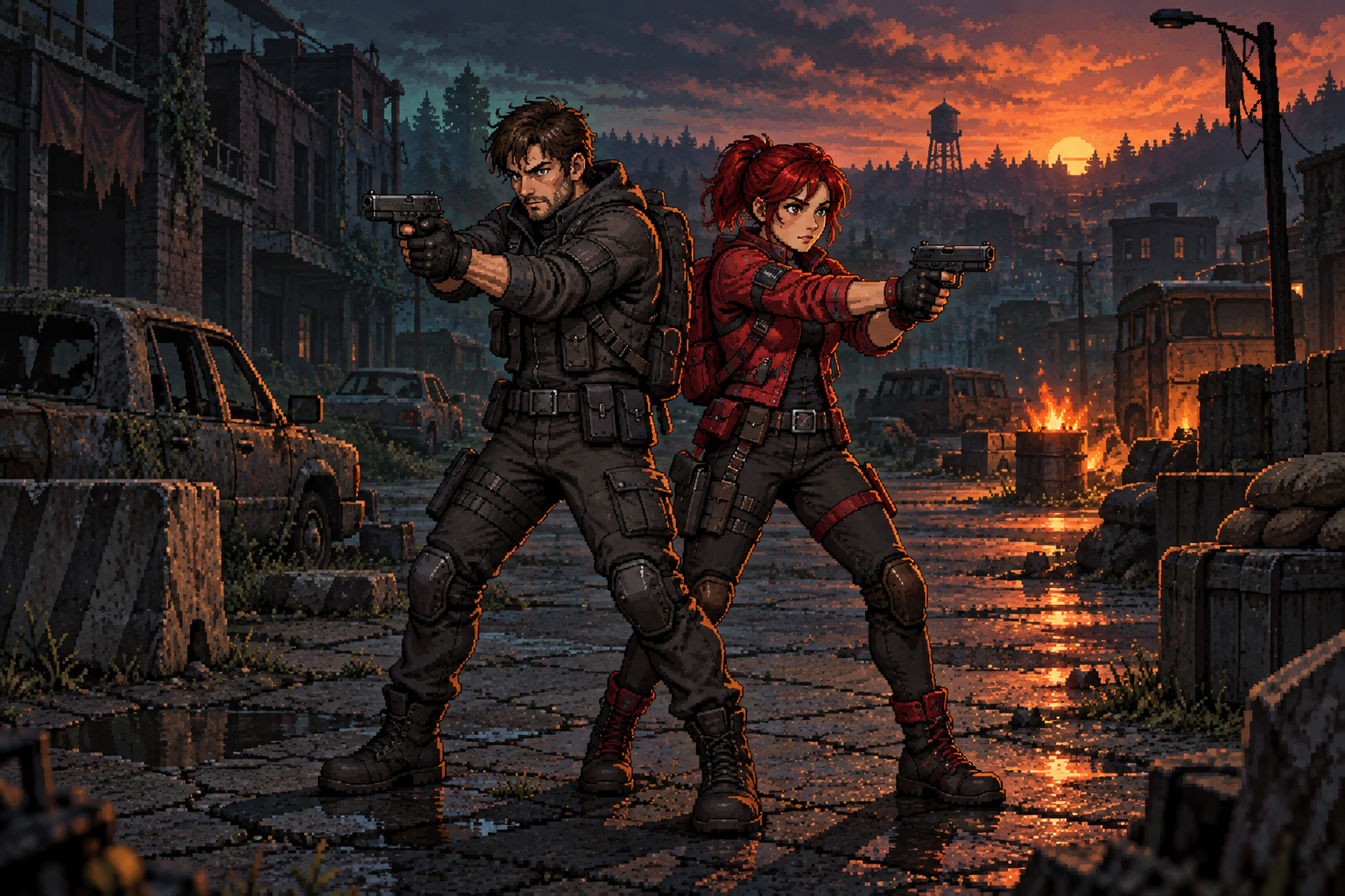 Pixel art of the player and Ruby standing back-to-back with their guns drawn in an abandoned township