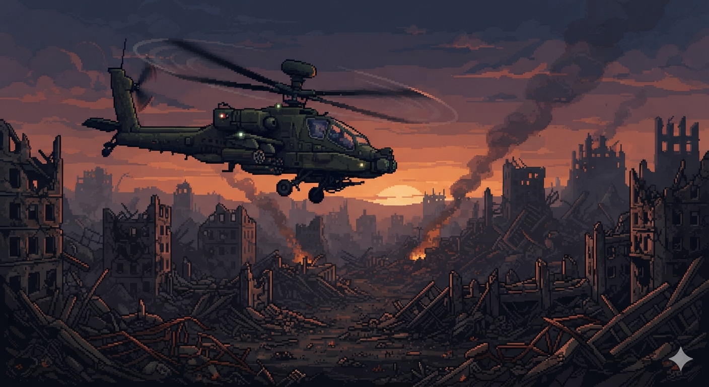 A helicopter approaches the ruined town at sunset