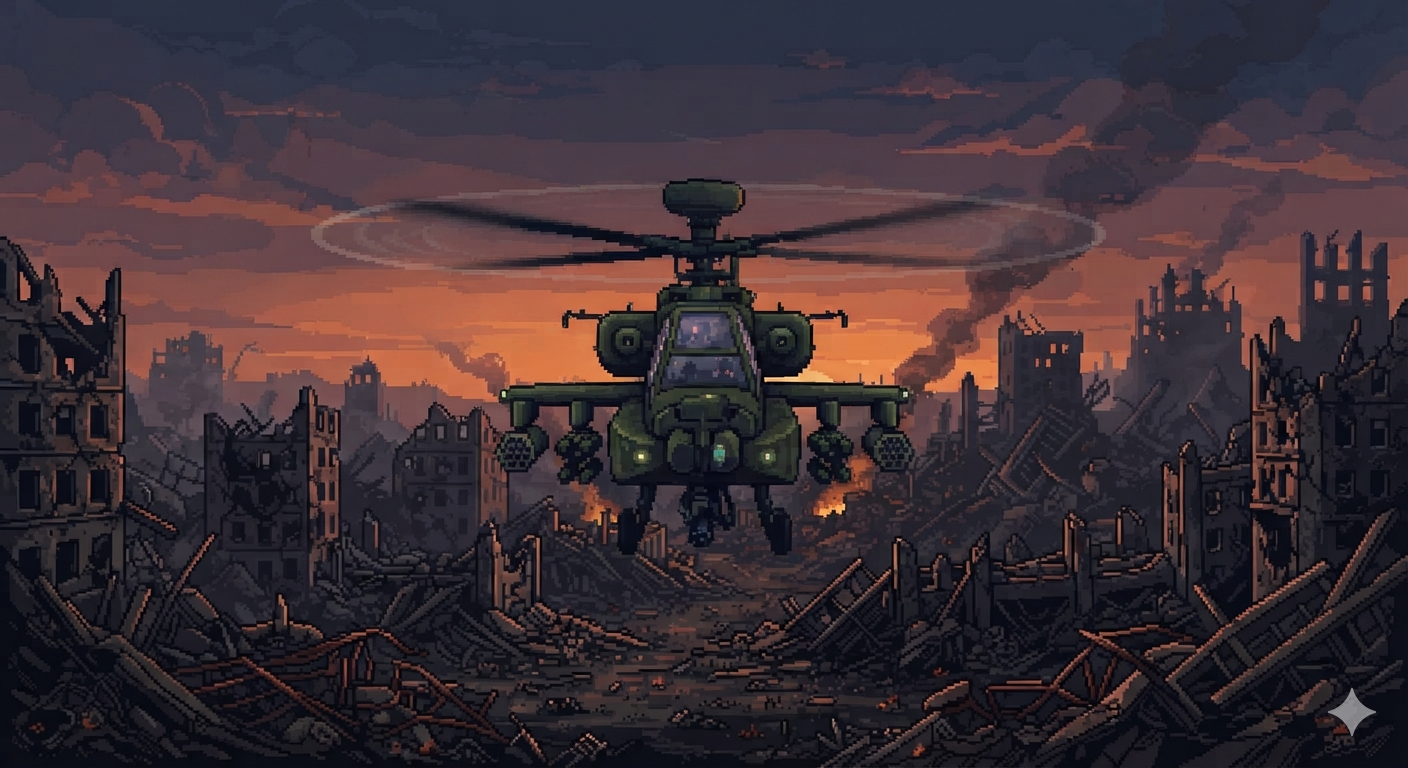 The attack helicopter turns toward the survivors